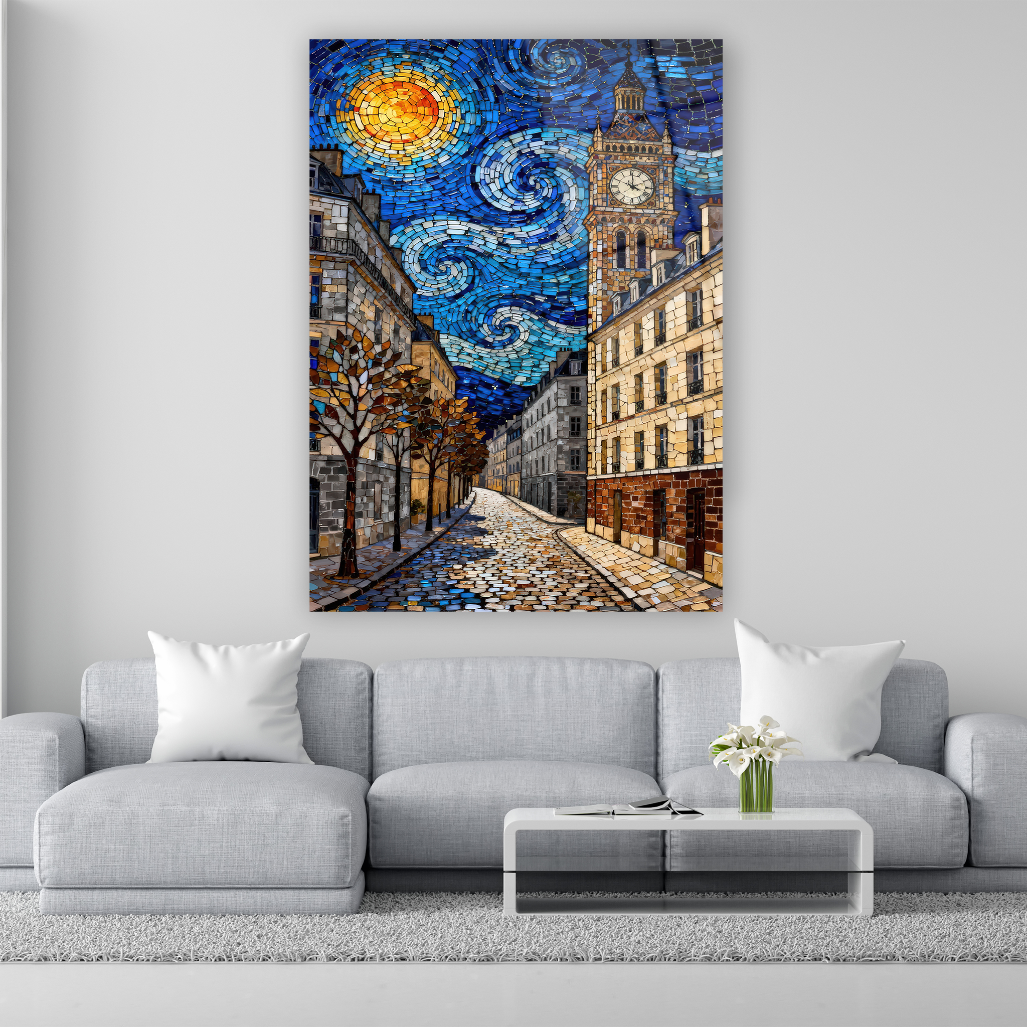 van gogh stili dönen gökyüzü ve saat kulesi duvar dekoru
