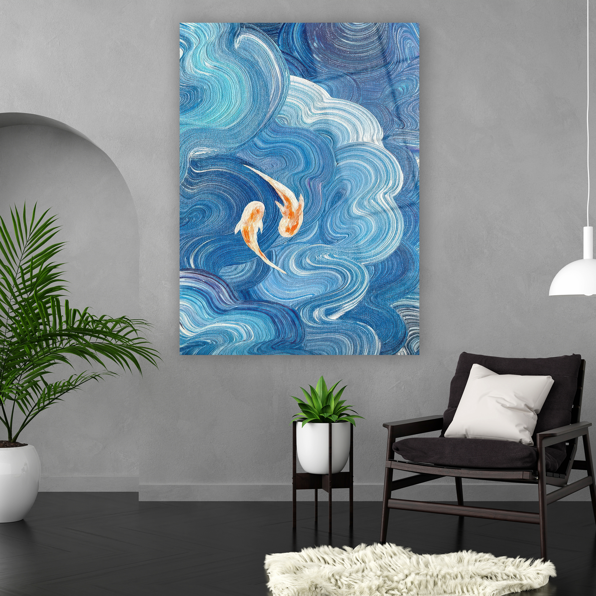 van gogh tarzı mavi girdaplı su ve koi balıkları cam tablo