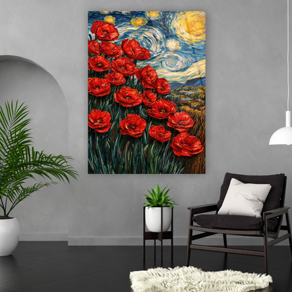 van gogh yıldızlı gece ve kırmızı gelincikler cam tablo