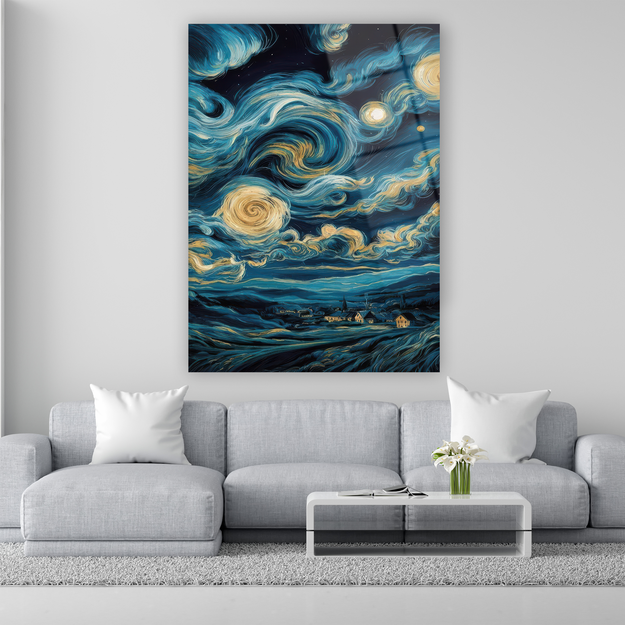van gogh yıldızlı gece manzaralı cam tablo