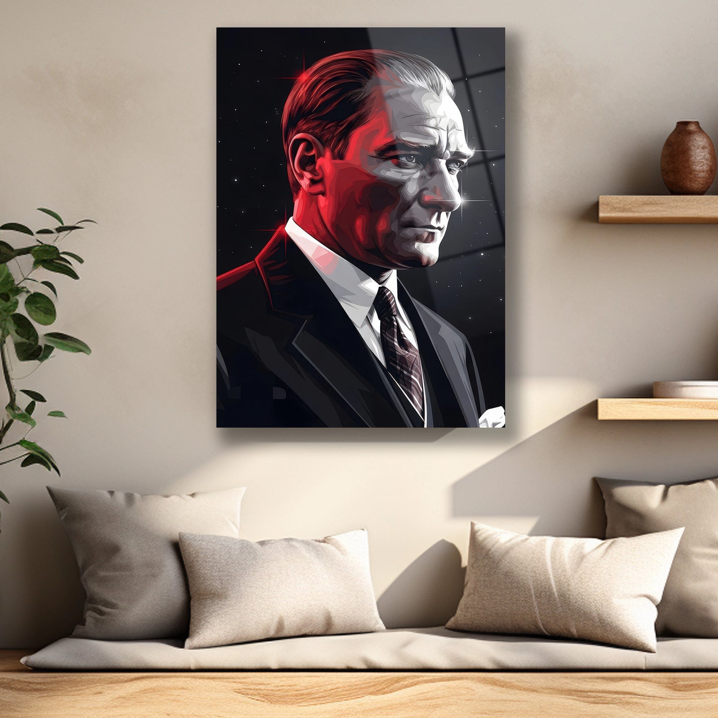 Kızıl yansımalı ve keskin hatlı modern Atatürk illüstrasyonu detayı