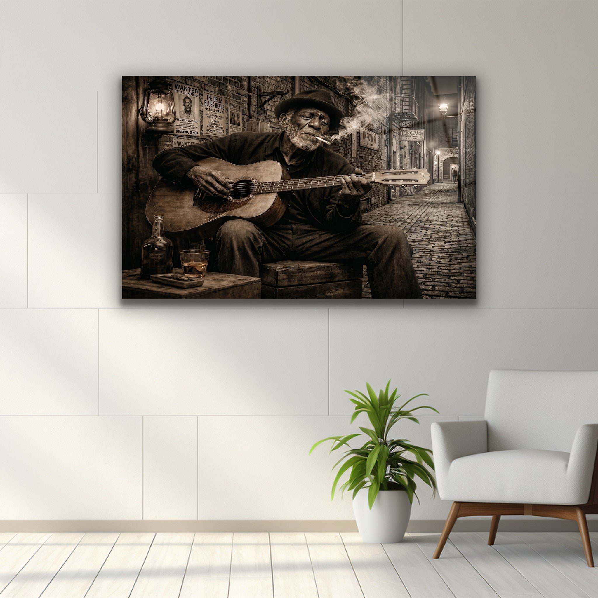 loş ışıklı arka sokak akustik gitar çalan adam duvar dekoru