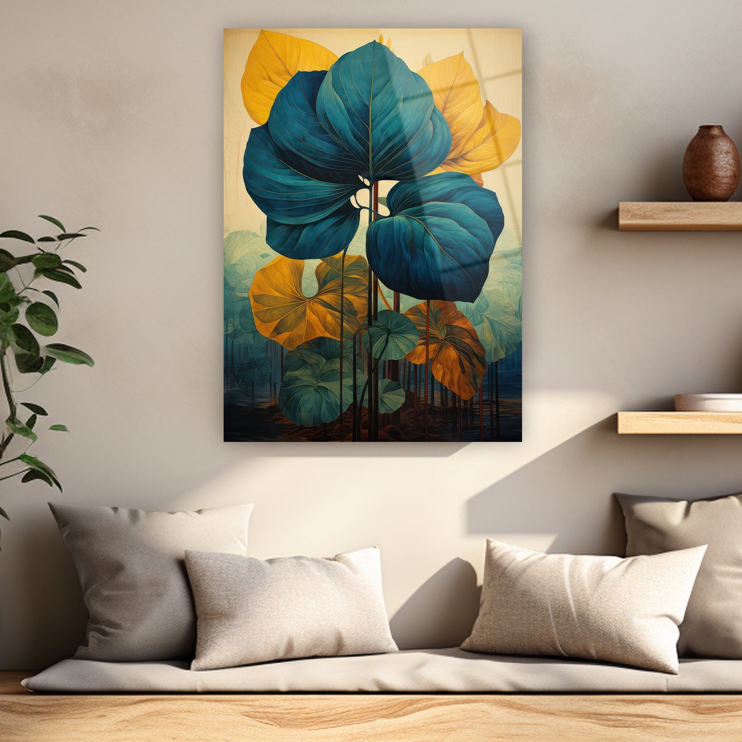 minimalist ve sanatsal doğa temalı salon tablosu