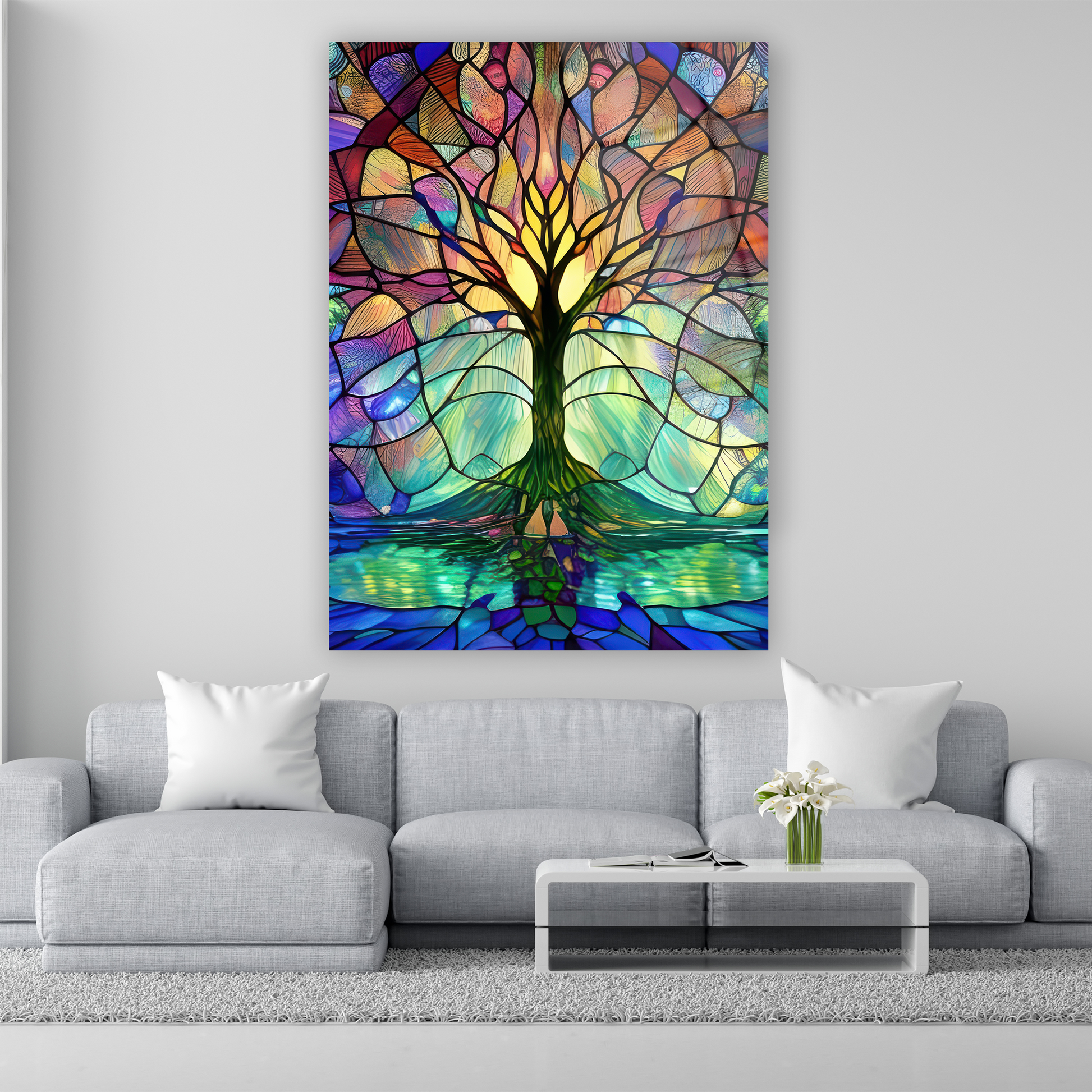 vitray görünümlü renkli hayat ağacı cam tablo