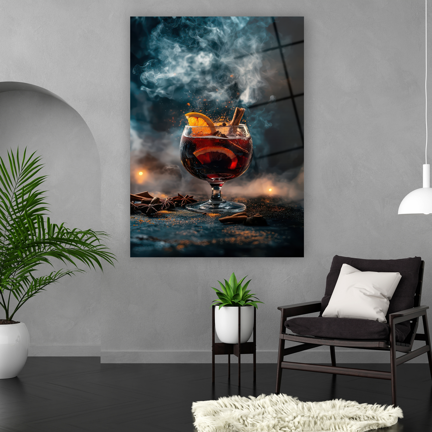 steaming winter cocktail with spices glass art