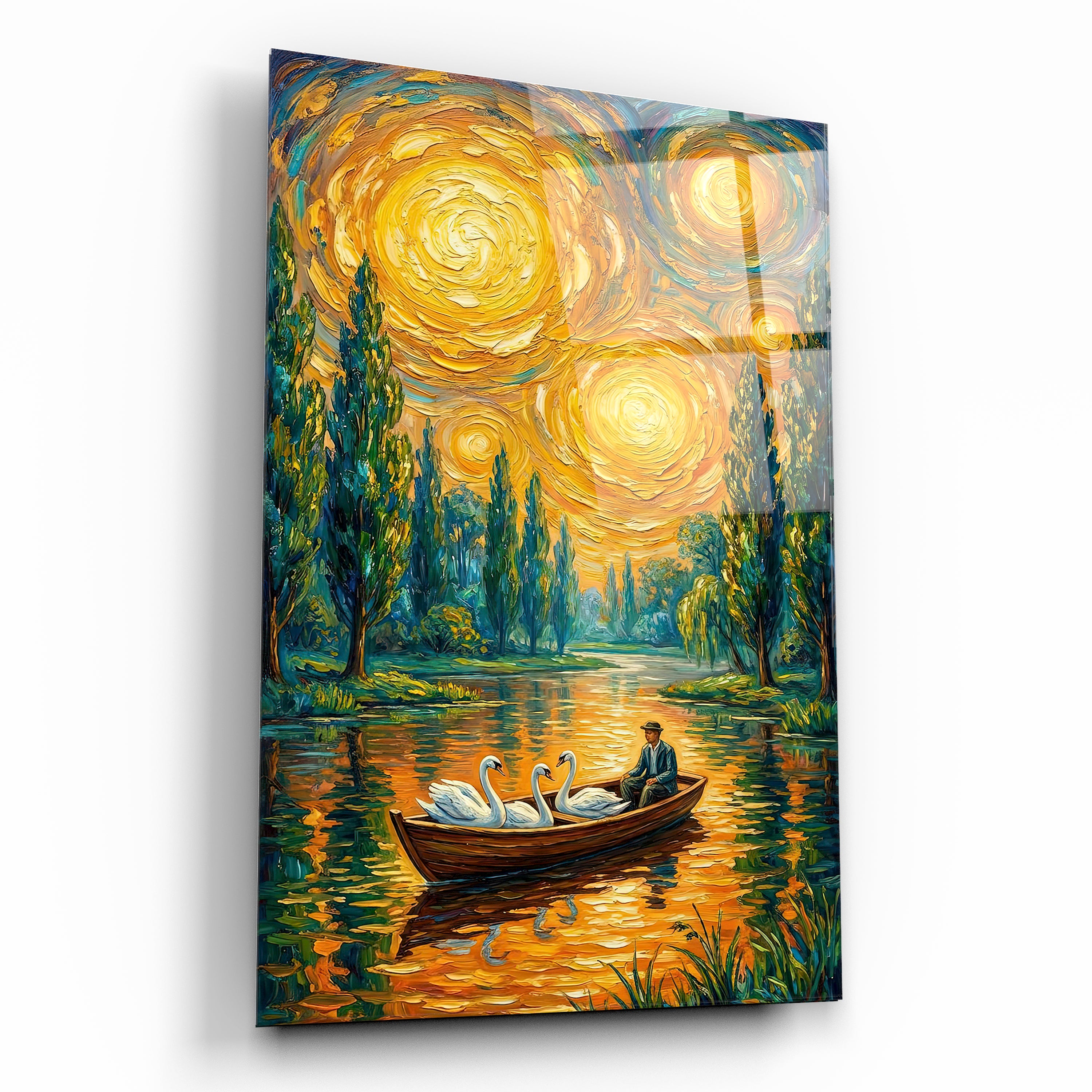 yağlı boya efektli kuğular ve kayık cam tablo van gogh stili