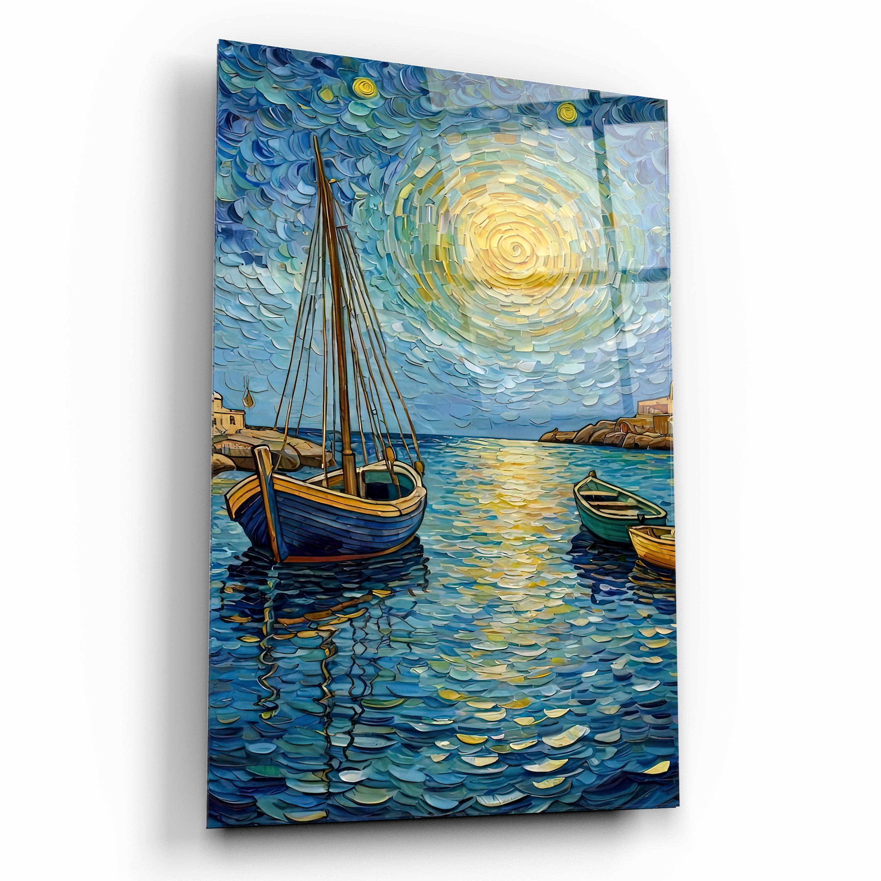yağlı boya efektli limanda yelkenli cam tablo van gogh stili