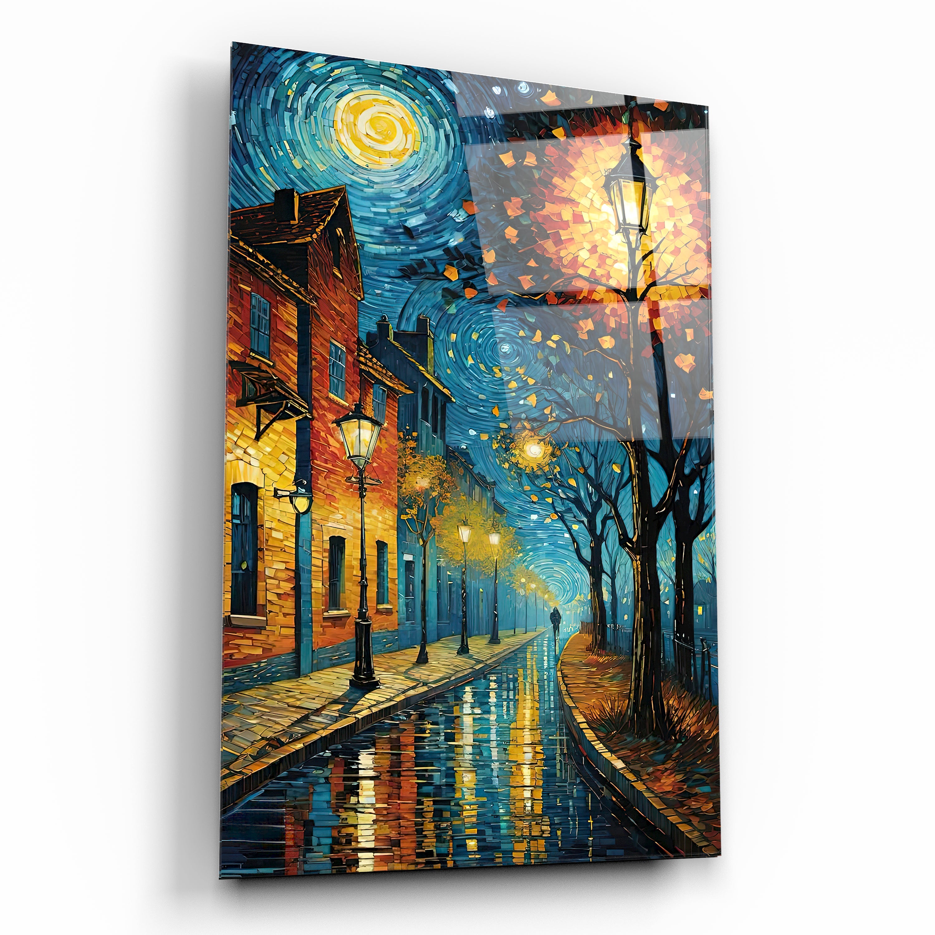 yağlı boya efektli nostaljik sokak manzarası cam tablo van gogh stili
