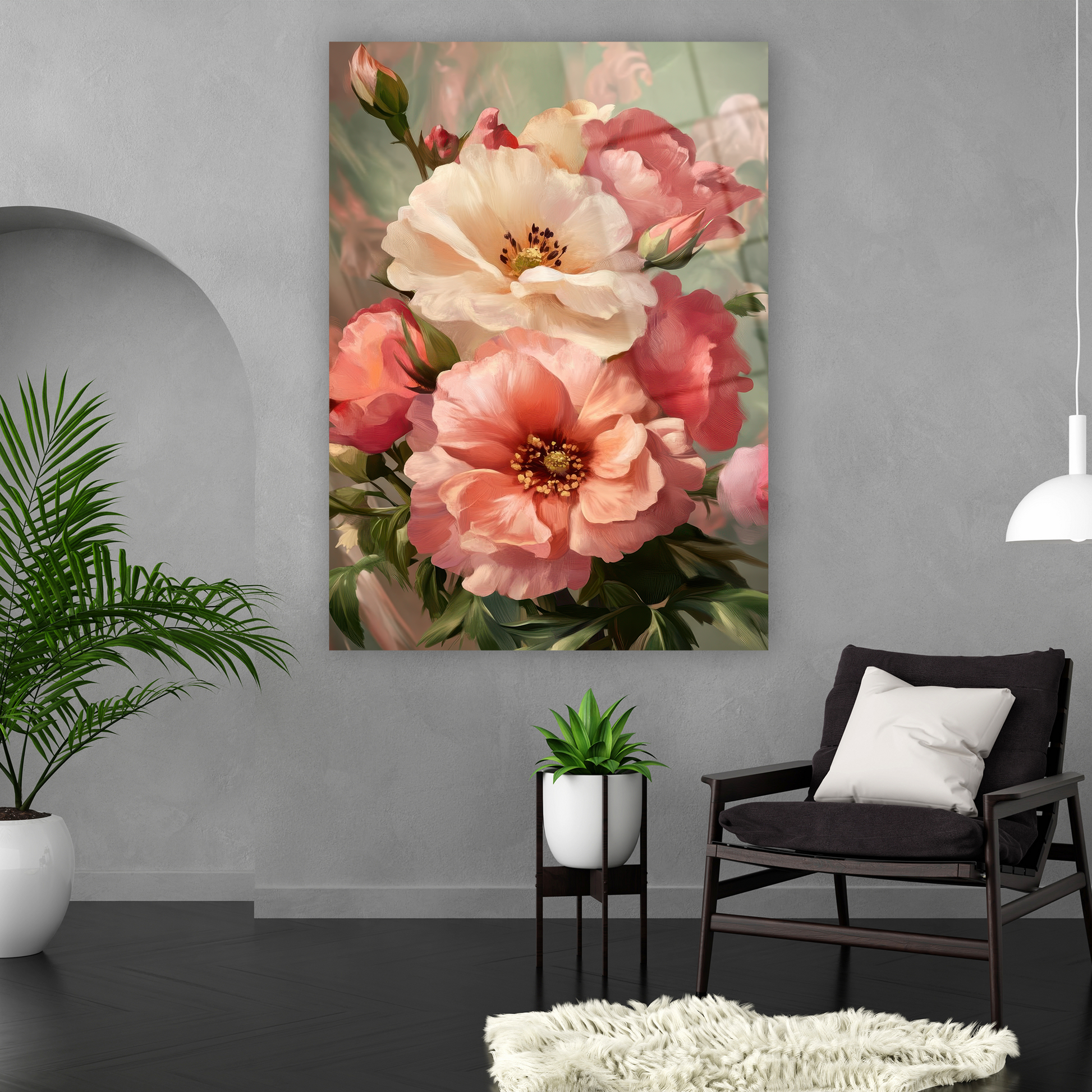 pembe ve beyaz şakayık güller duvar dekoru