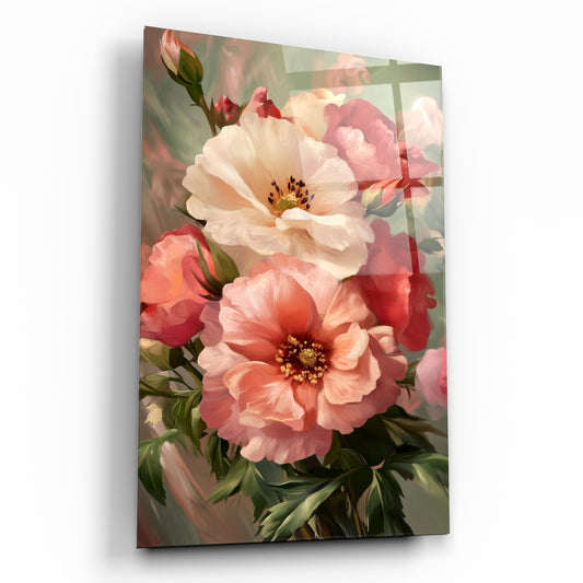 Yağlı Boya Dokulu Şakayık ve Gül Buketi Sanatsal Cam Tablo