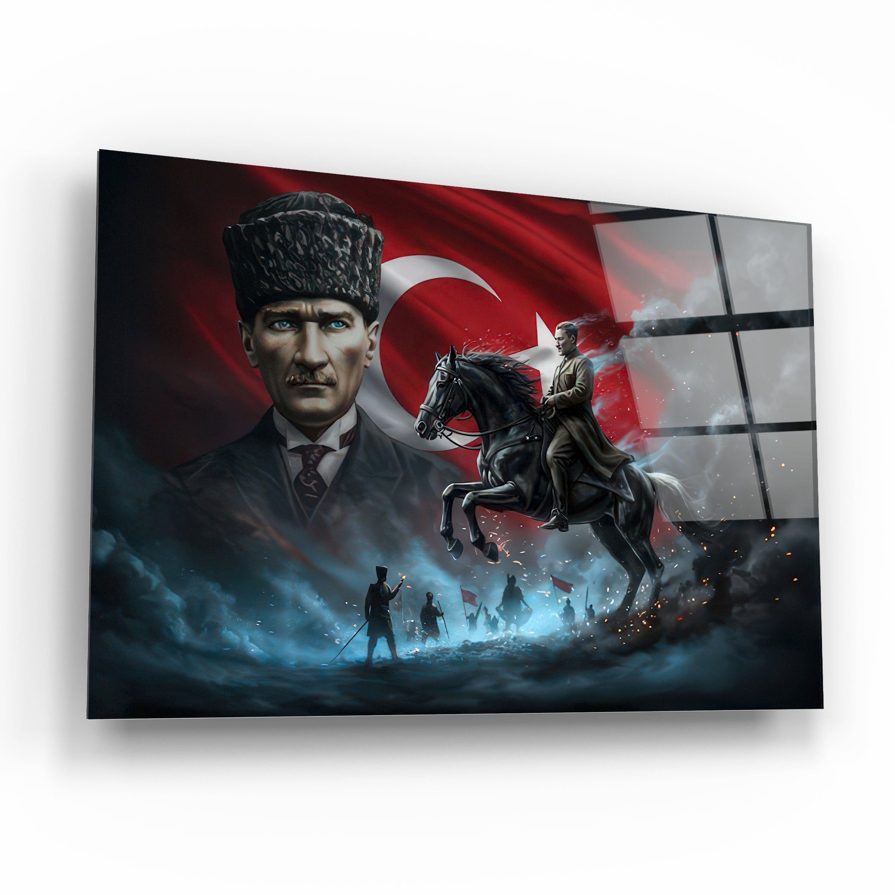 Atatürk ve Şahlanan Atlı Cam Tablo