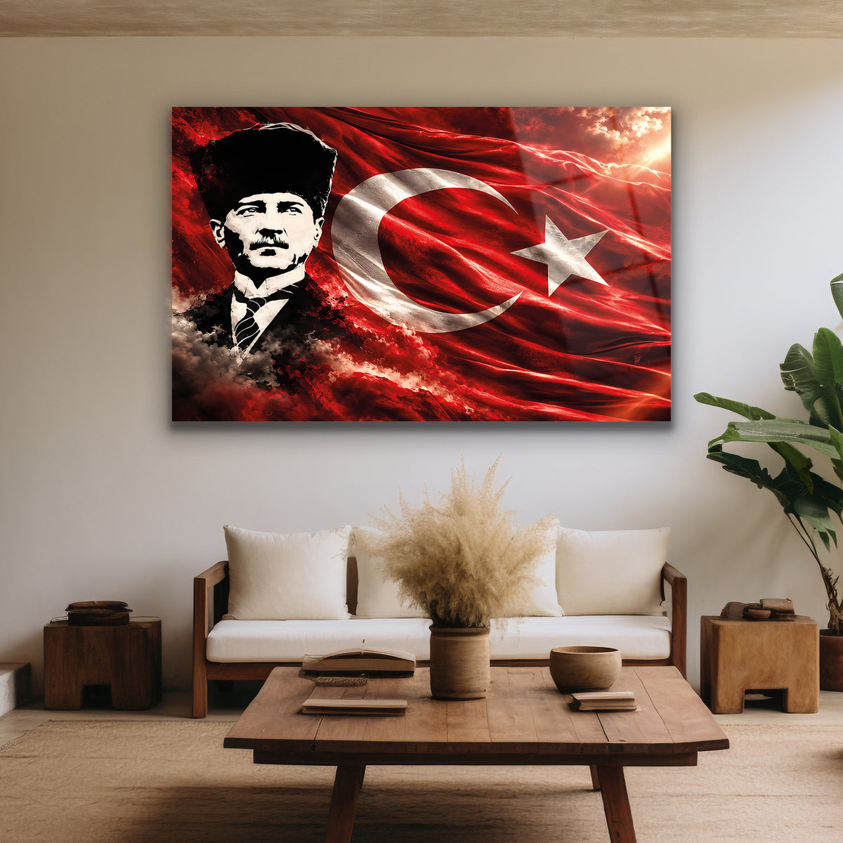 Kırmızı siyah kalpaklı Atatürk temperli cam tablo