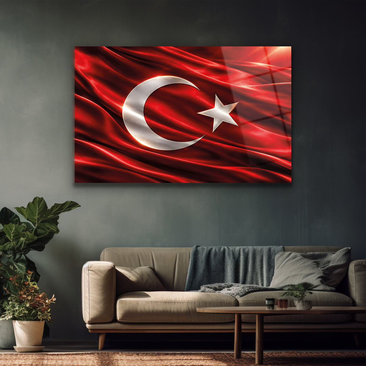 Kırmızı kumaşın merkezinde beyaz ay yıldız bulunan milli tablo