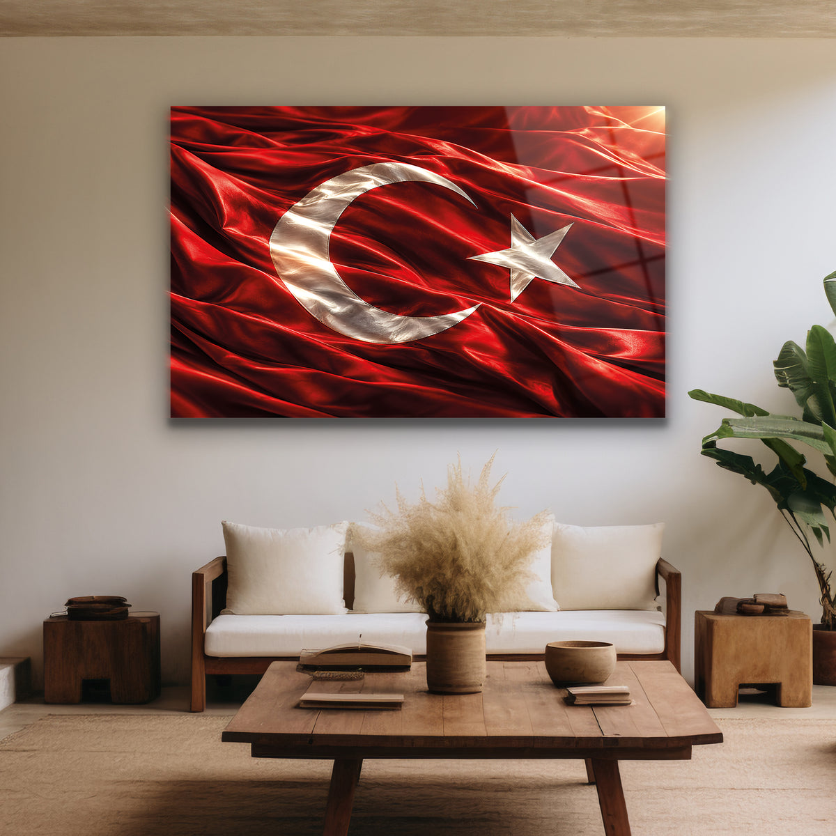 kumaş dokulu Türk Bayrağı temperli cam tablo