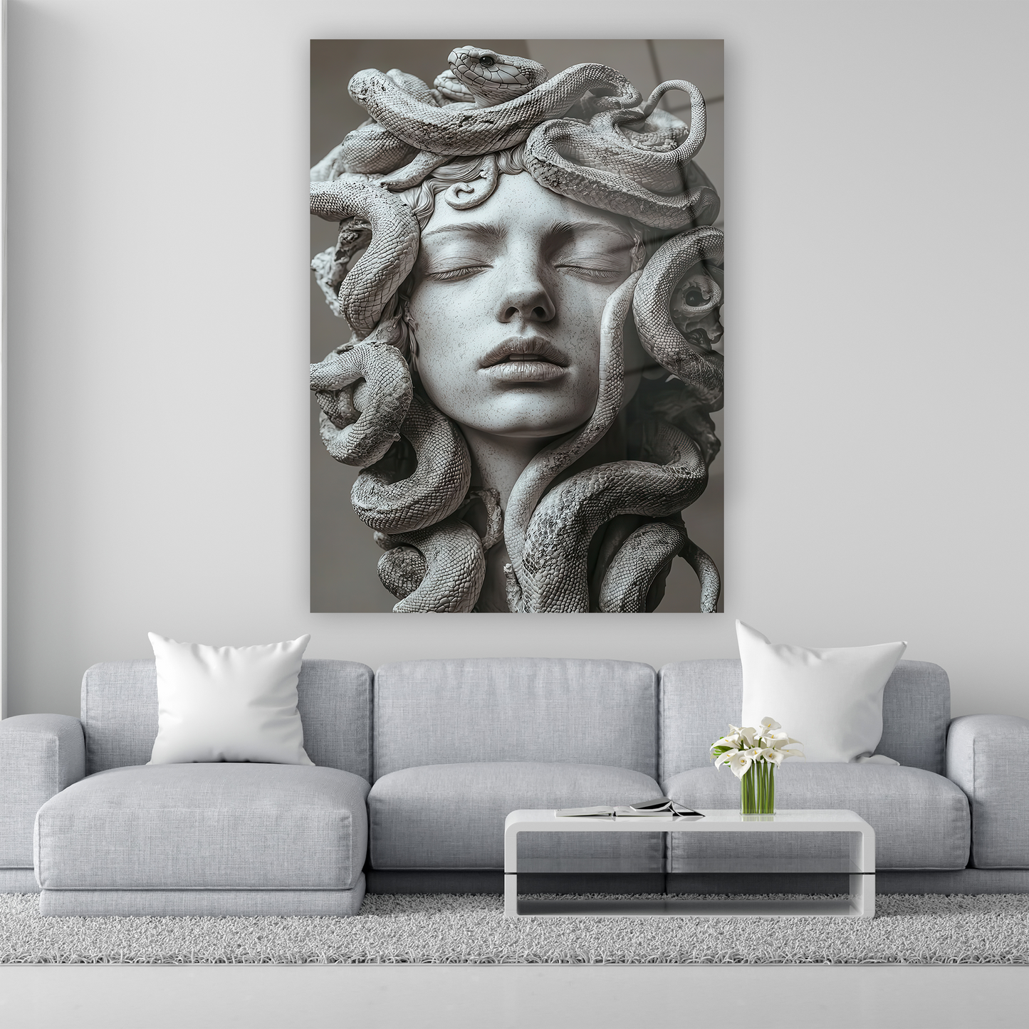 yılan saçlı medusa heykeli detaylı cam tablo
