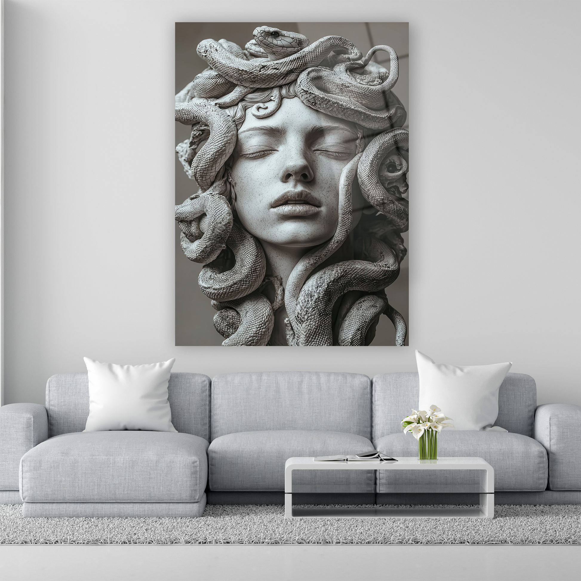 yılan saçlı medusa heykeli detaylı cam tablo