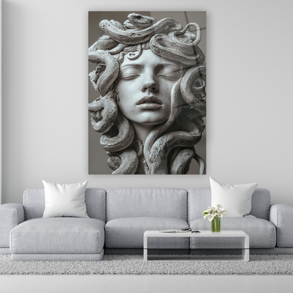 yılan saçlı medusa heykeli detaylı cam tablo