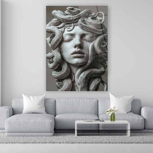 yılan saçlı medusa heykeli detaylı cam tablo