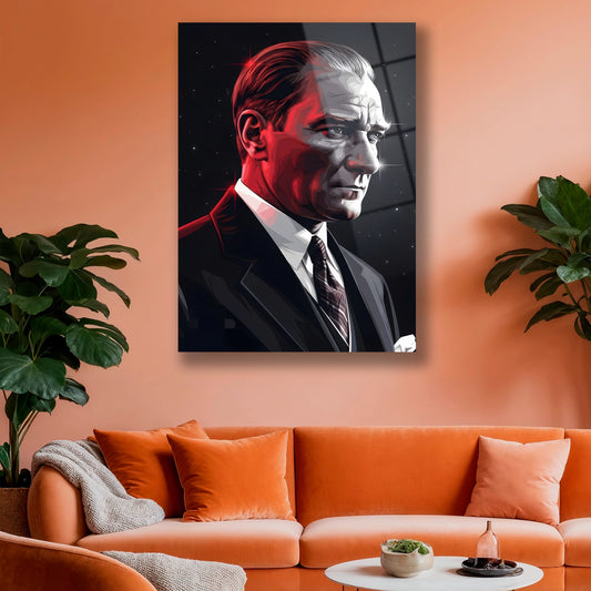 Modern ofis dekorasyonunda yıldızlı arka planlı Atatürk duvar panosu