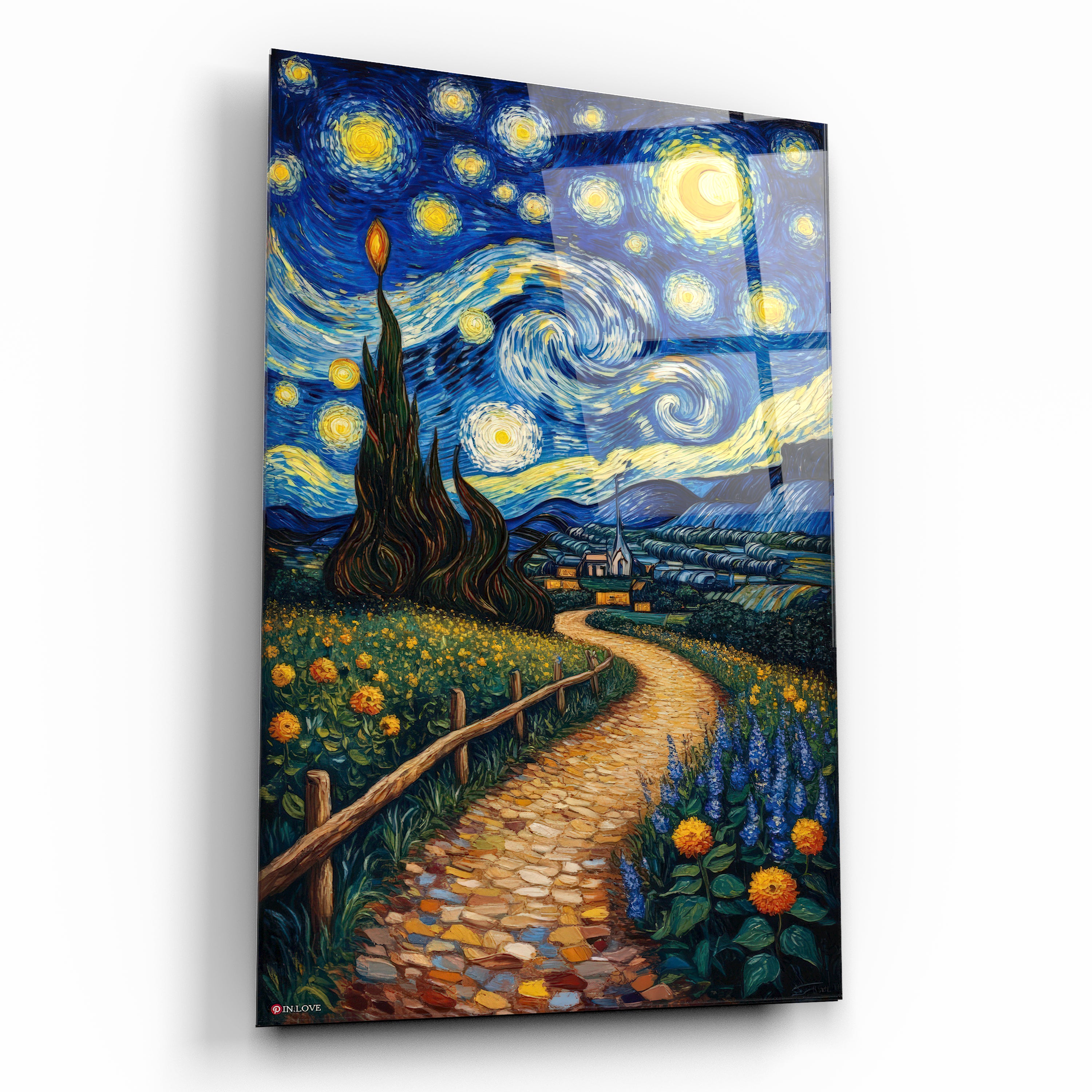 yıldızlı gece kasaba yolu cam tablo van gogh stili
