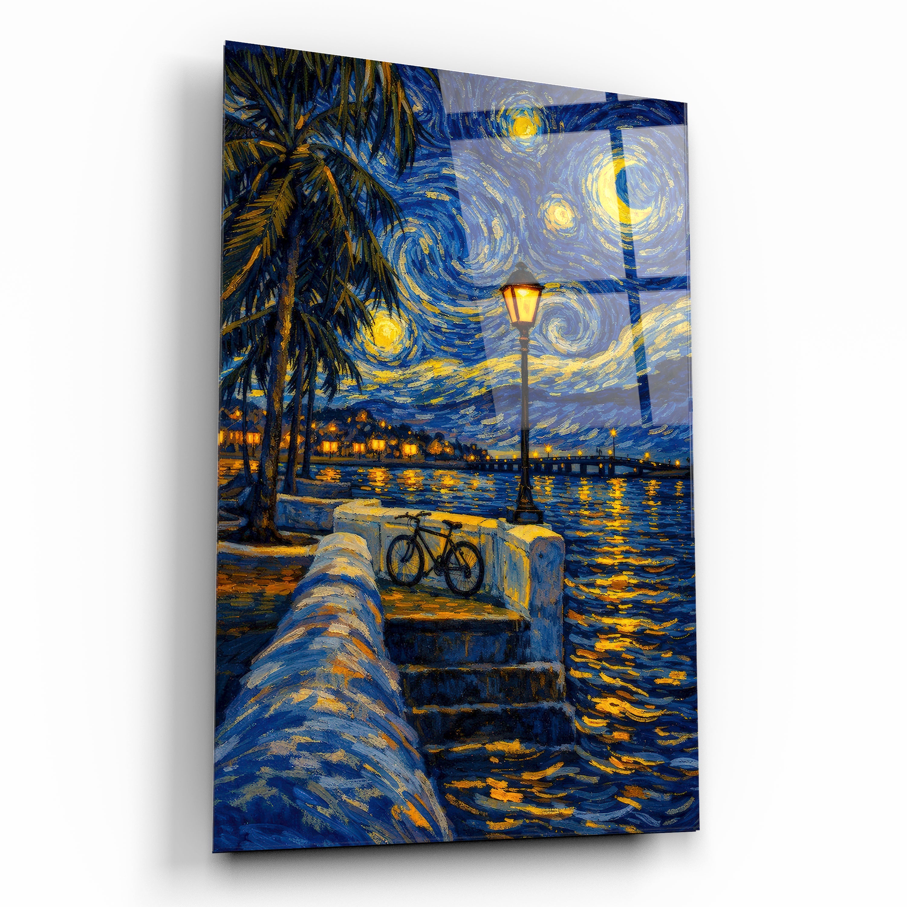 yıldızlı gece sahil manzarası cam tablo van gogh stili