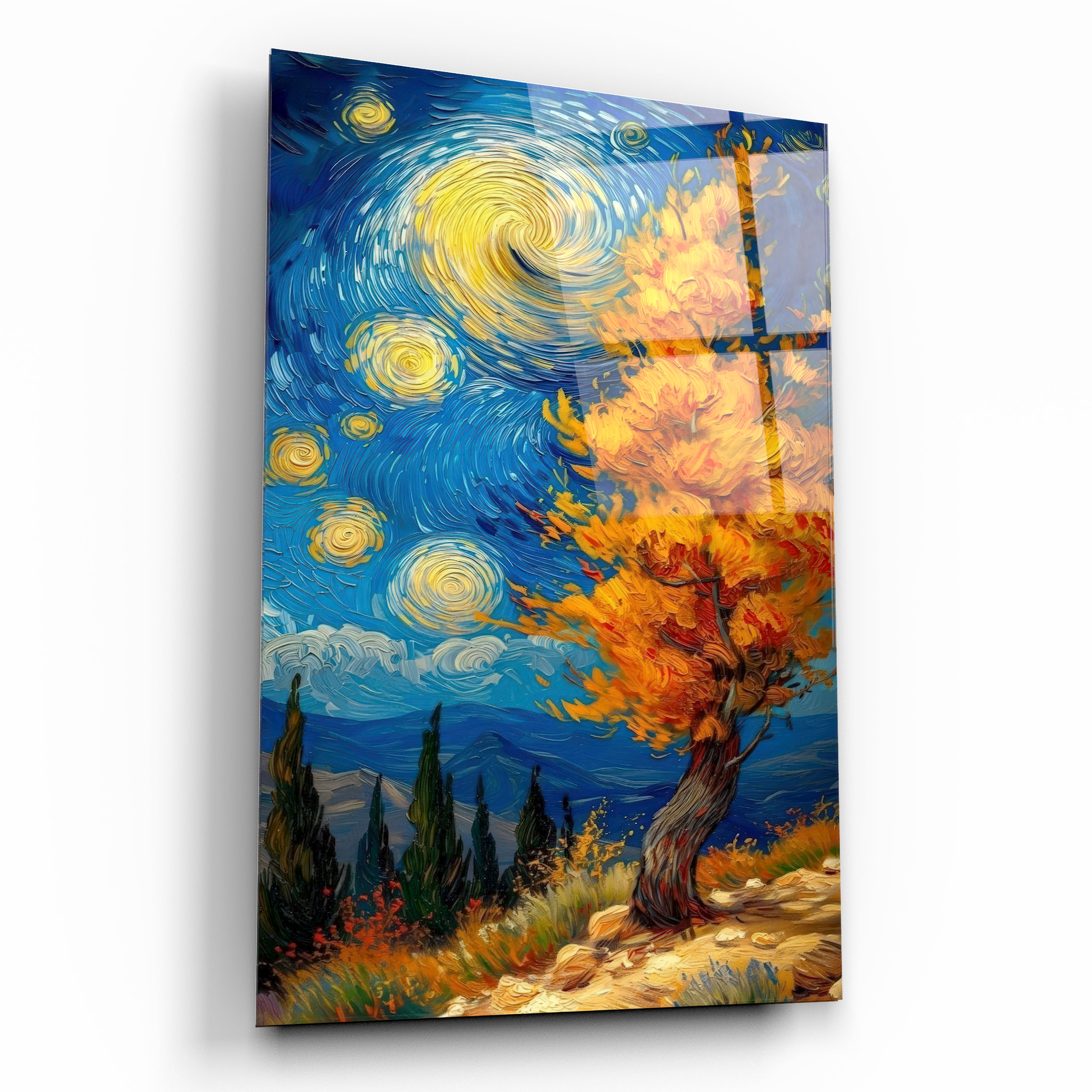 yıldızlı gece ve sonbahar ağacı cam tablo van gogh stili