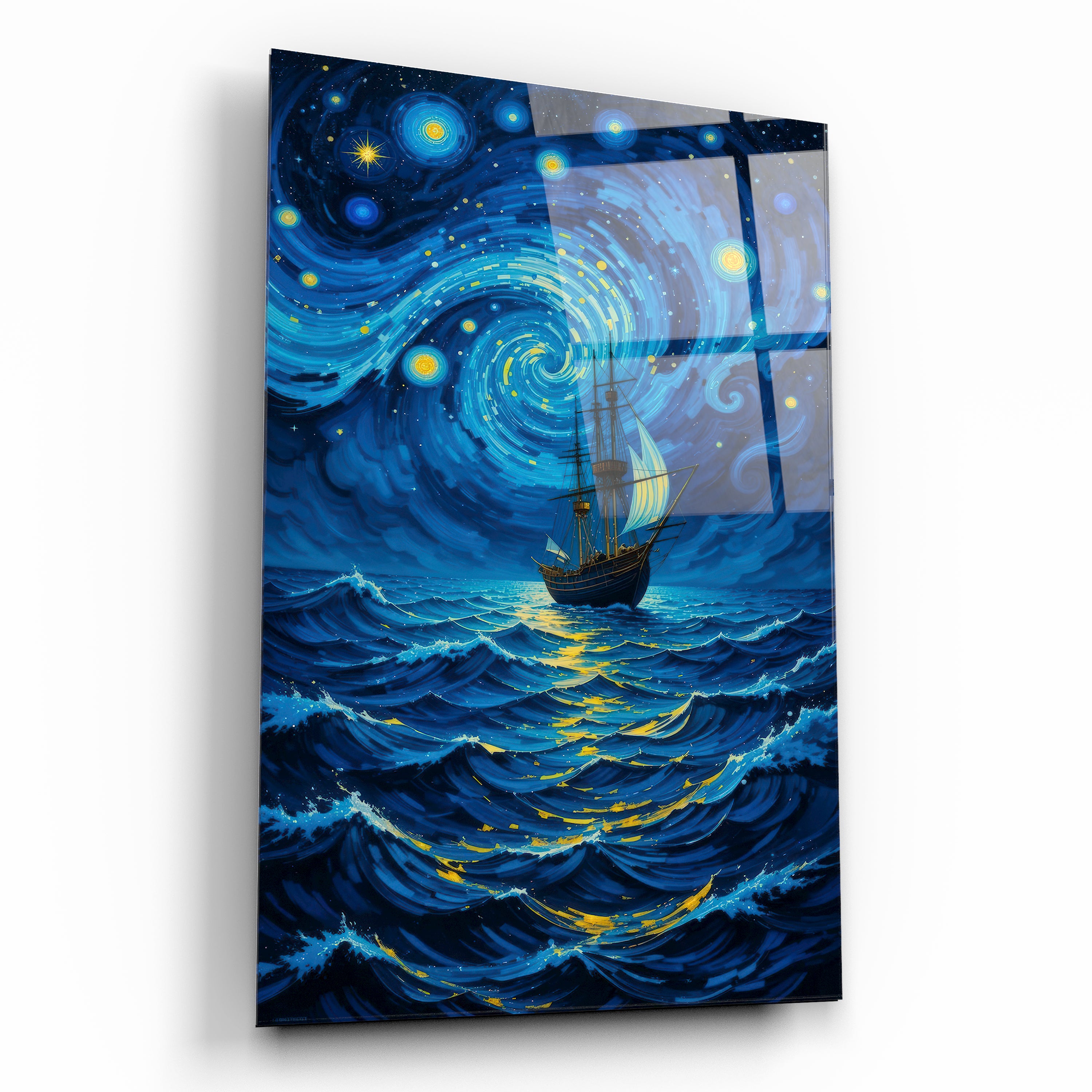 yıldızlı gece ve yelkenli gemi cam tablo van gogh stili