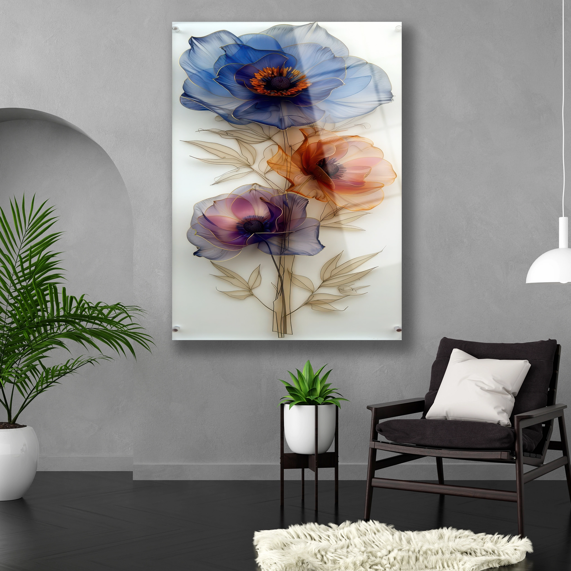 Dikey formda ince çiçekli temperli cam tablo yan görünüm