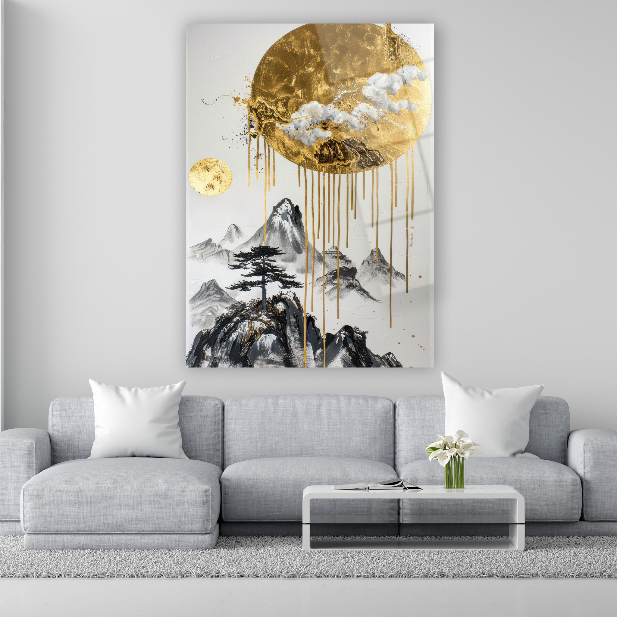 abstract gold sun and ink mountains glass art