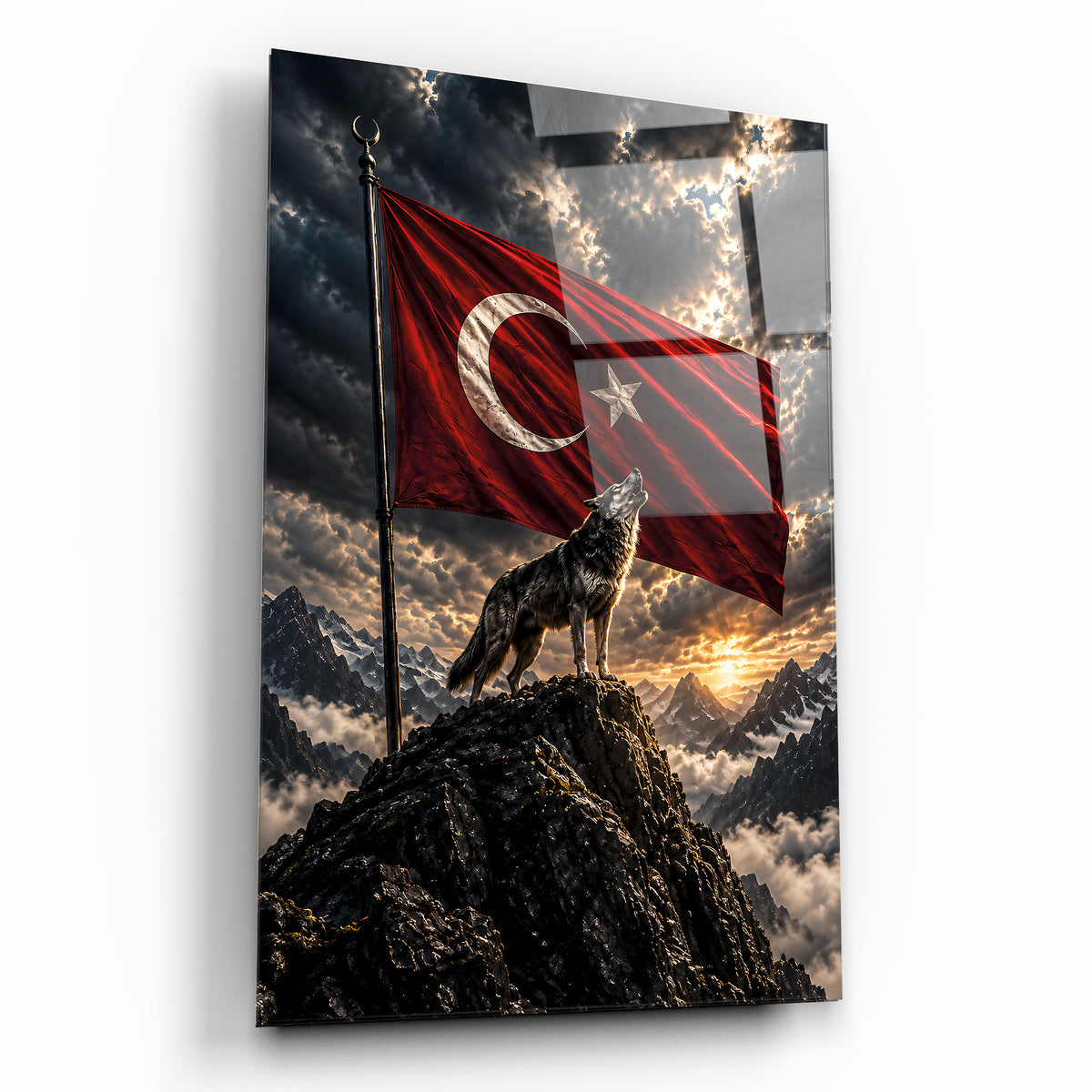 Zirvede Bozkurt Türk Bayrağı cam tablo