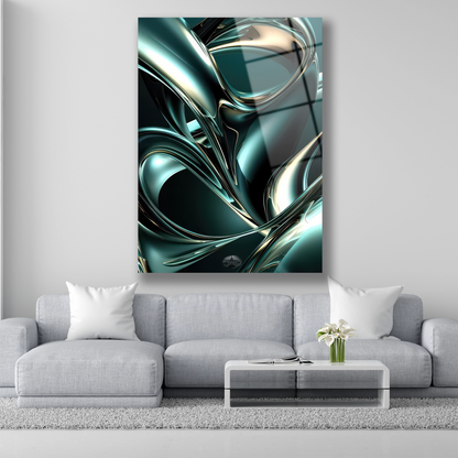 Zümrüt yeşili ve gümüş renkli akışkan metal görünümlü soyut cam tablo